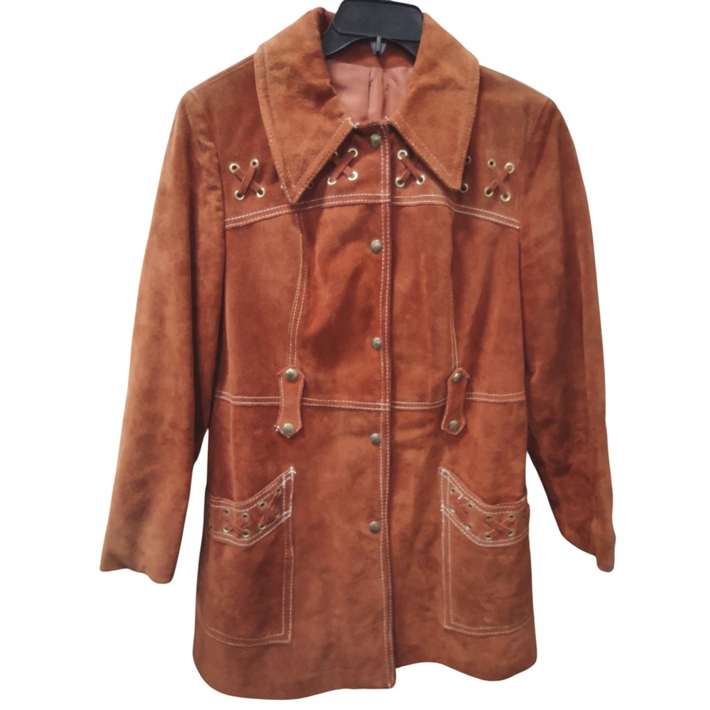 Vintage 70s Burnt Orange Suede Coat‎ Womens Size 13 Snap Closure Lace Up Design